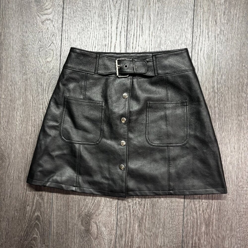 Smart Set Black Leather Mini Skirt Front Buckle Snap Buttons 28" 5